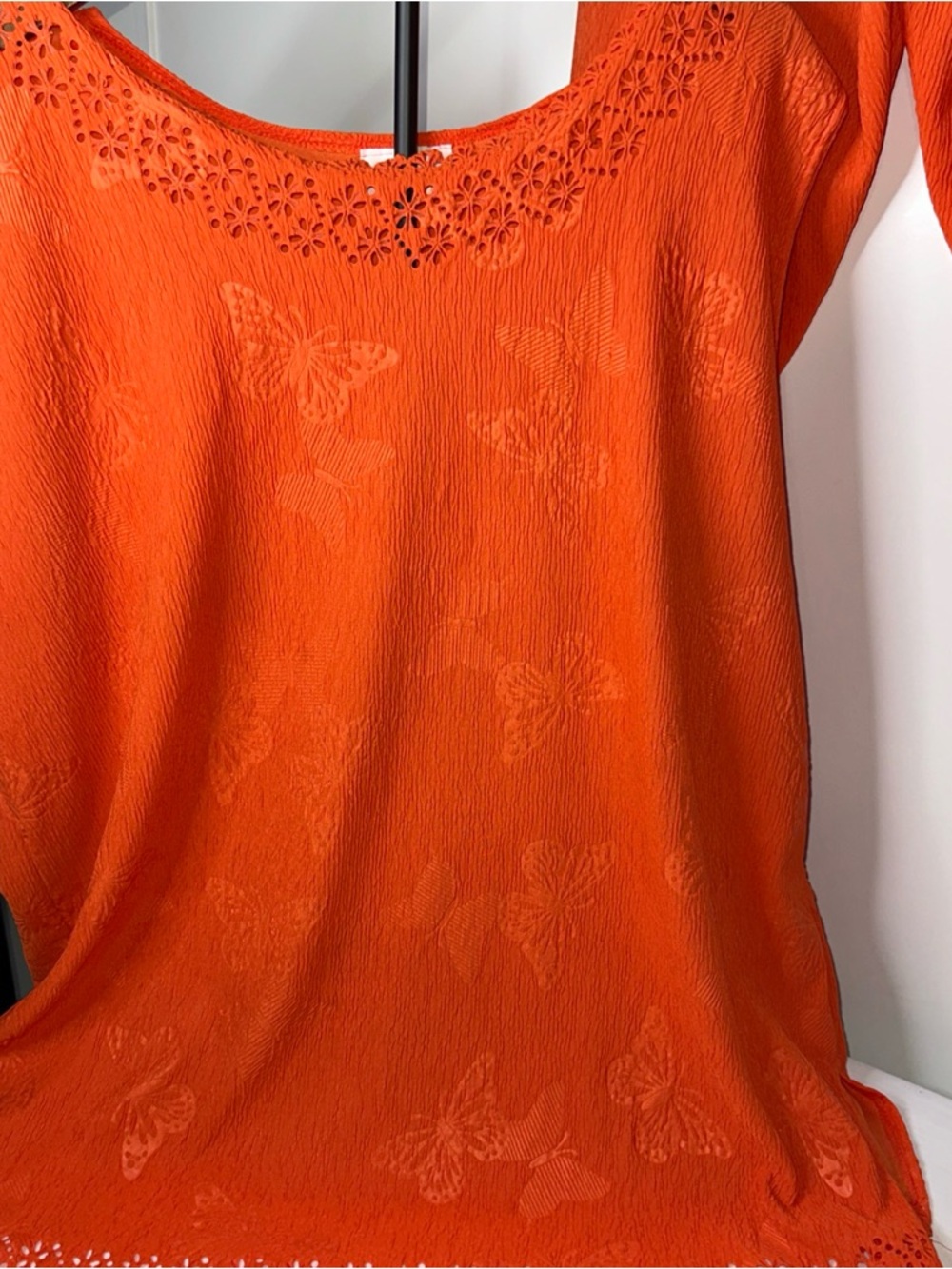Roaman's Orange Scoop Neck Butterfly-Textured Tunic With Matching Pants